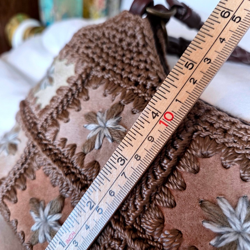 Y2K The Sak Vintage Patchwork Leather Crochet Shoulder Bag Brown Floral Boho - Picture 7 of 10